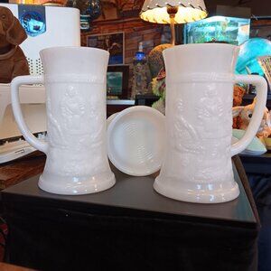 3 Vintage Federal Milk Glass 6" Beer Mug Stein Tankard Embossed AWESOME!